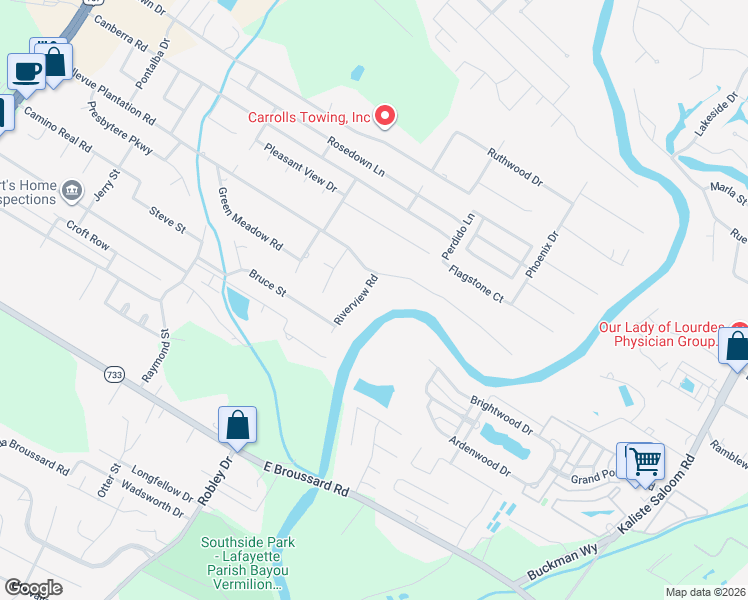 map of restaurants, bars, coffee shops, grocery stores, and more near 900 Bellevue Plantation Road in Lafayette