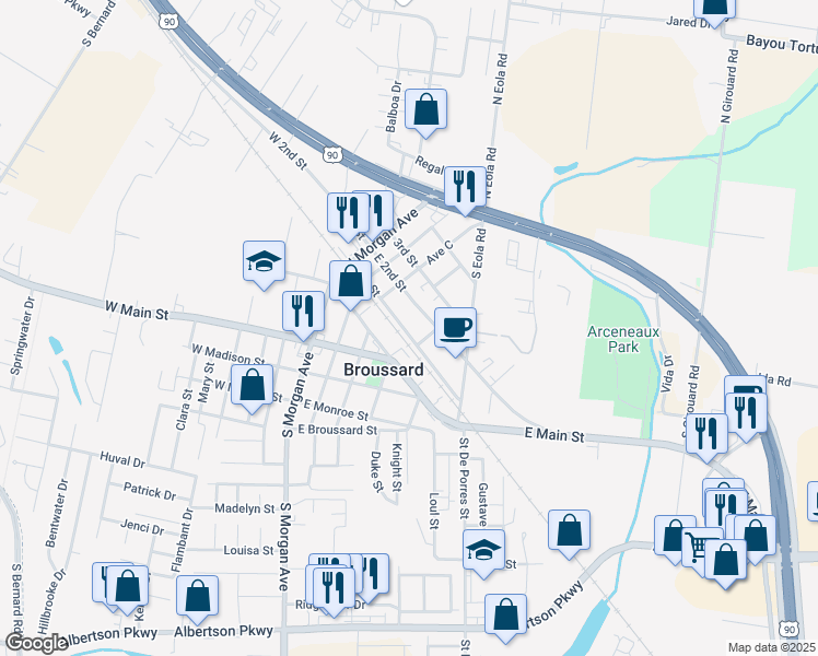 map of restaurants, bars, coffee shops, grocery stores, and more near 411 1st Street in Broussard