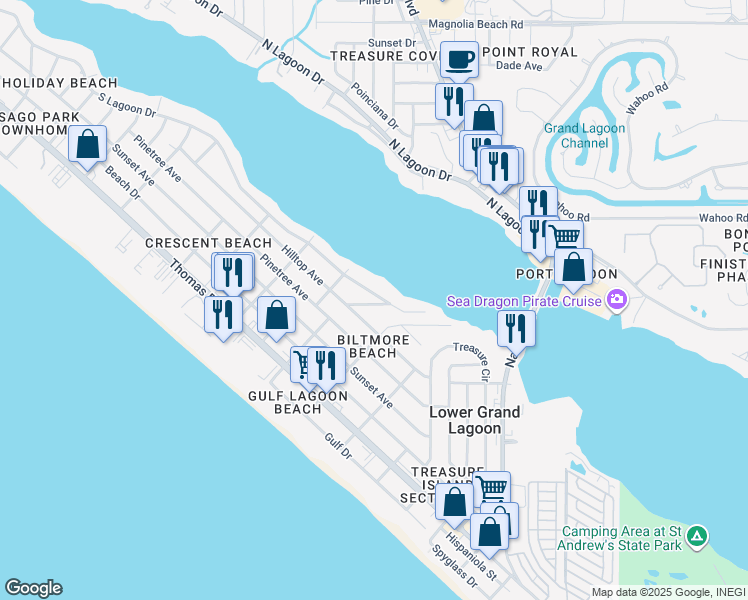 map of restaurants, bars, coffee shops, grocery stores, and more near 5619 South Lagoon Drive in Panama City