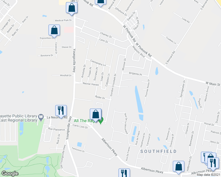 map of restaurants, bars, coffee shops, grocery stores, and more near 202 Gordon Crockett Drive in Lafayette