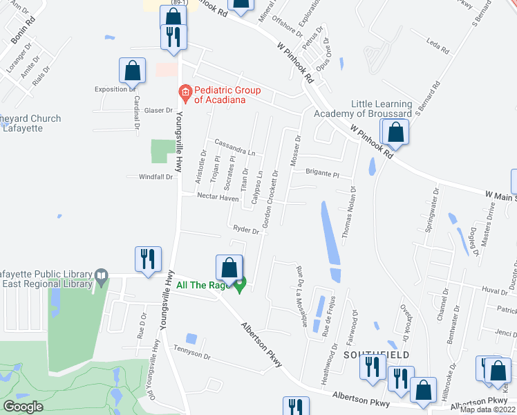 map of restaurants, bars, coffee shops, grocery stores, and more near 114 Calypso Lane in Lafayette