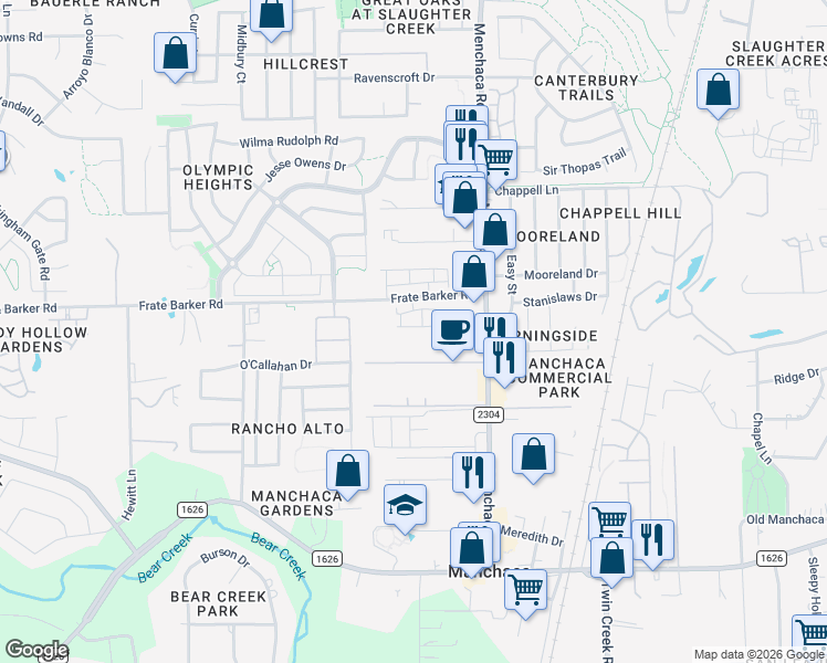 map of restaurants, bars, coffee shops, grocery stores, and more near 1505 Bedlington Lane in Austin