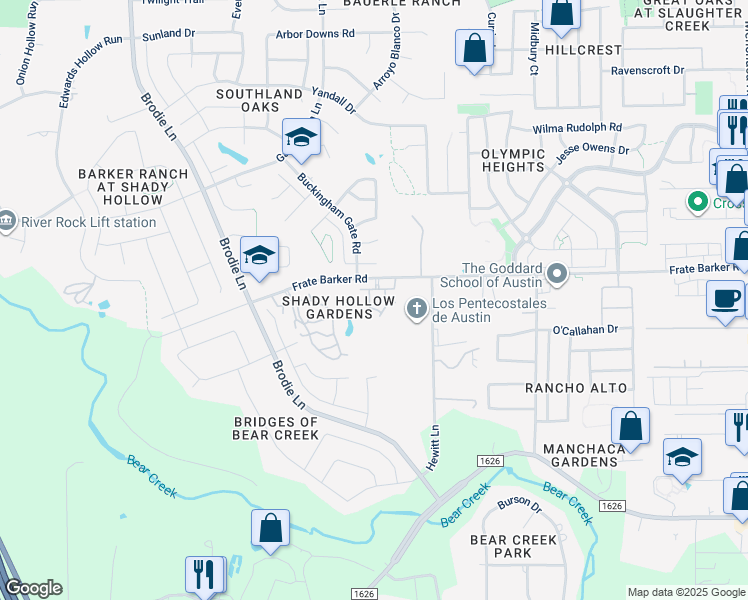 map of restaurants, bars, coffee shops, grocery stores, and more near 12213 Tawny Farms Road in Austin