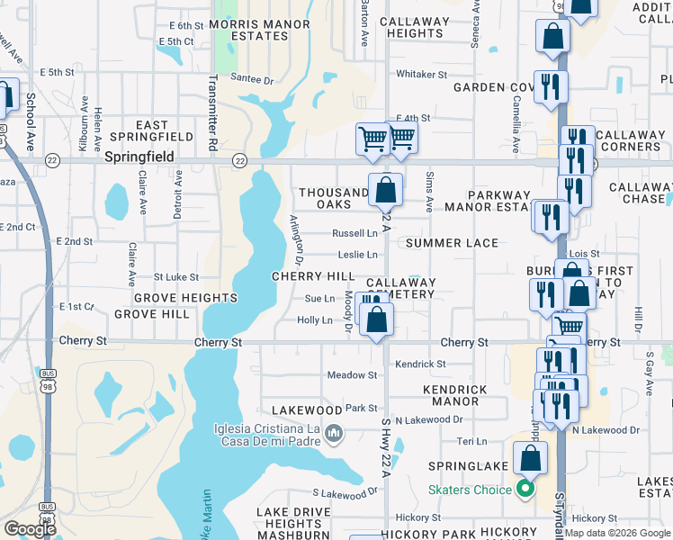 map of restaurants, bars, coffee shops, grocery stores, and more near 4121 Cherry Lane in Panama City