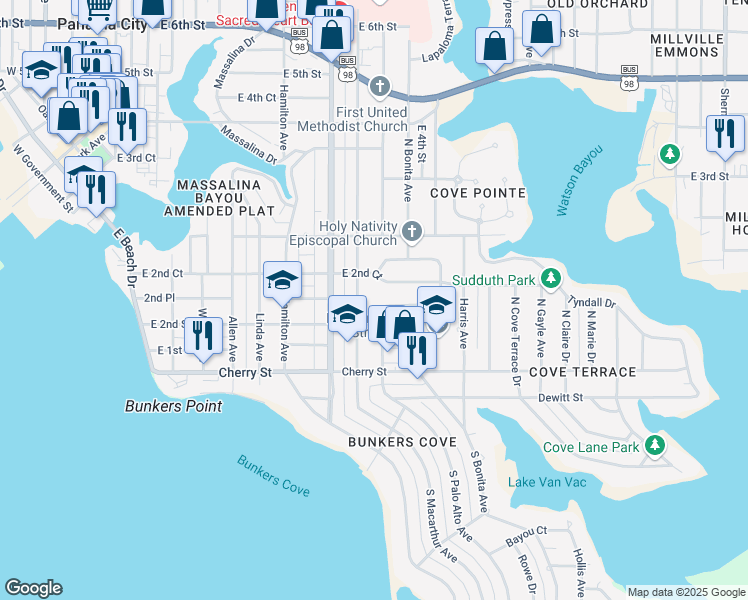 map of restaurants, bars, coffee shops, grocery stores, and more near 809 East 2nd Place in Panama City
