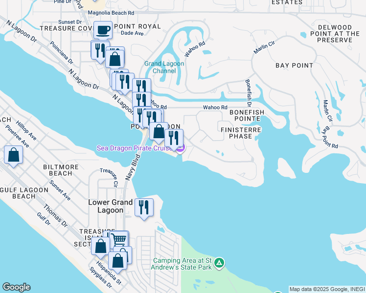 map of restaurants, bars, coffee shops, grocery stores, and more near 5325 North Lagoon Drive in Panama City