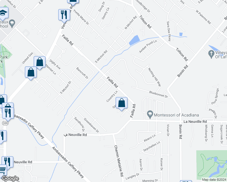 map of restaurants, bars, coffee shops, grocery stores, and more near 108 Country Lane in Lafayette