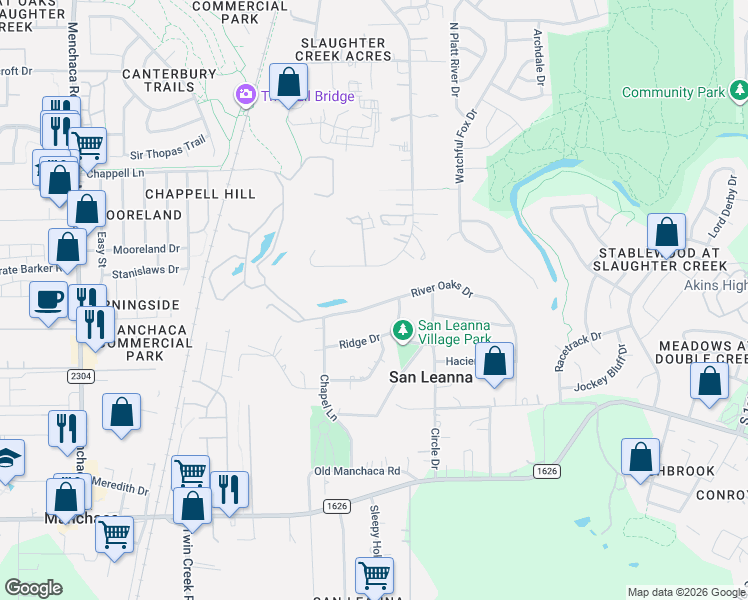 map of restaurants, bars, coffee shops, grocery stores, and more near 726 River Oaks Drive in Austin