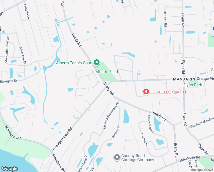 map of restaurants, bars, coffee shops, grocery stores, and more near Brady Rd & Orange Picker Rd in Jacksonville