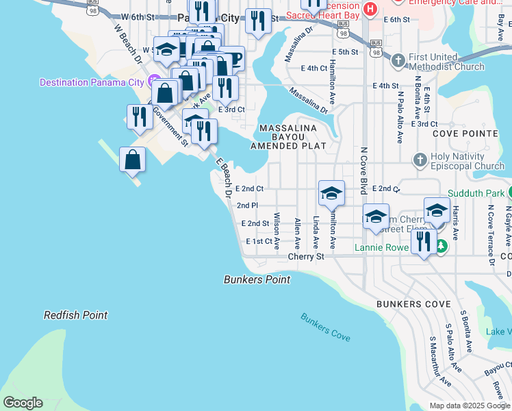 map of restaurants, bars, coffee shops, grocery stores, and more near 217 Harmon Avenue in Panama City