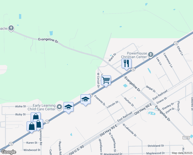 map of restaurants, bars, coffee shops, grocery stores, and more near 1115 West Circuit Drive in Vidor