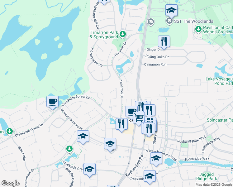 map of restaurants, bars, coffee shops, grocery stores, and more near 130 Currydale Way in Tomball