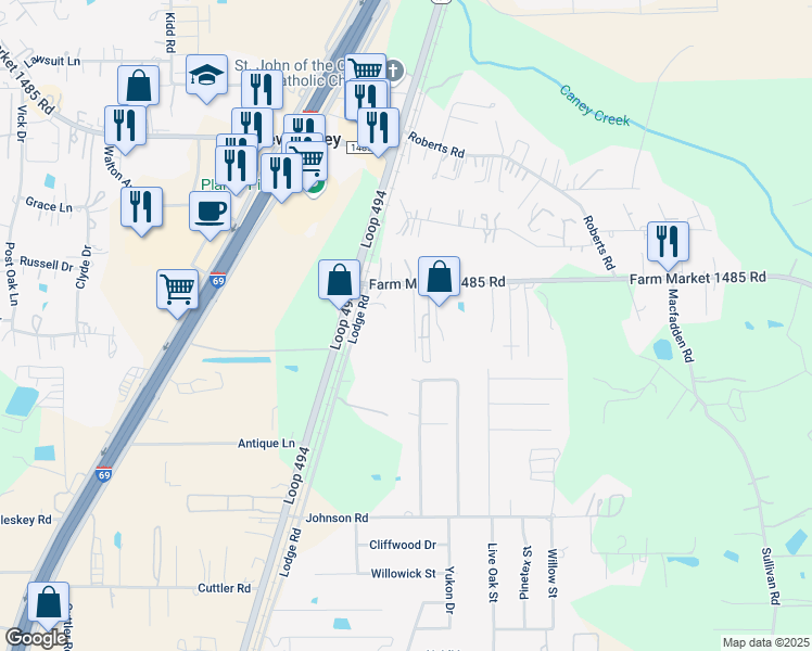 map of restaurants, bars, coffee shops, grocery stores, and more near 20442 Heavenly Lane in New Caney