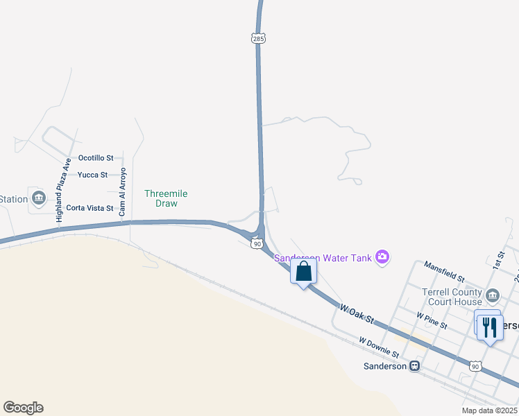map of restaurants, bars, coffee shops, grocery stores, and more near 24 US Highway 285 in Sanderson