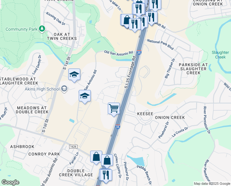map of restaurants, bars, coffee shops, grocery stores, and more near 10500 South Interstate 35 Frontage Road in Austin