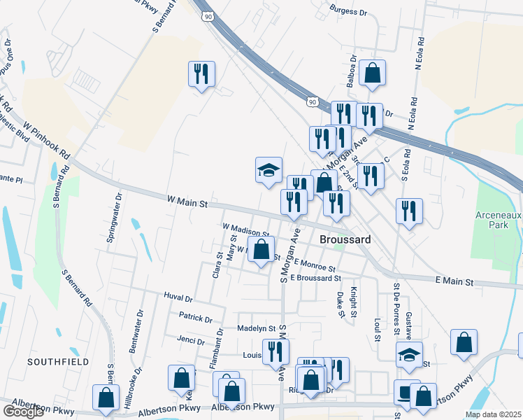 map of restaurants, bars, coffee shops, grocery stores, and more near 303-365 W Main St in Broussard