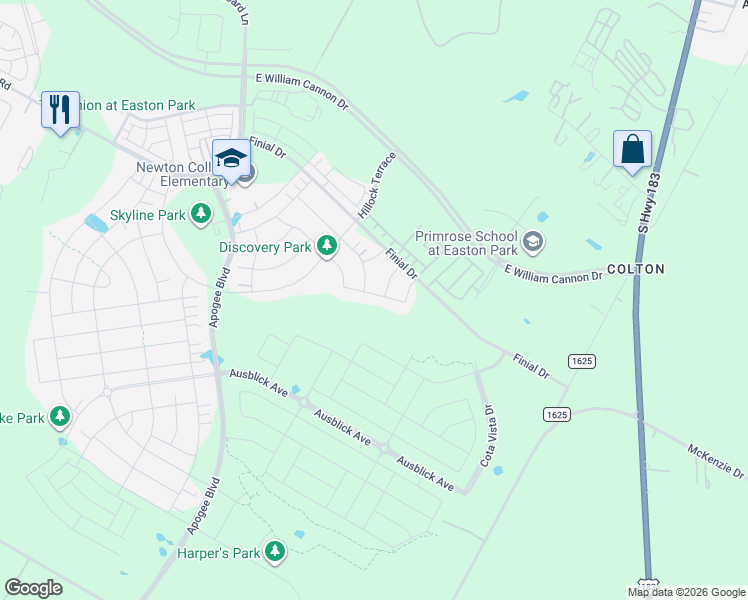 map of restaurants, bars, coffee shops, grocery stores, and more near 8479-8751 Colton-Bluff Springs Road in Austin