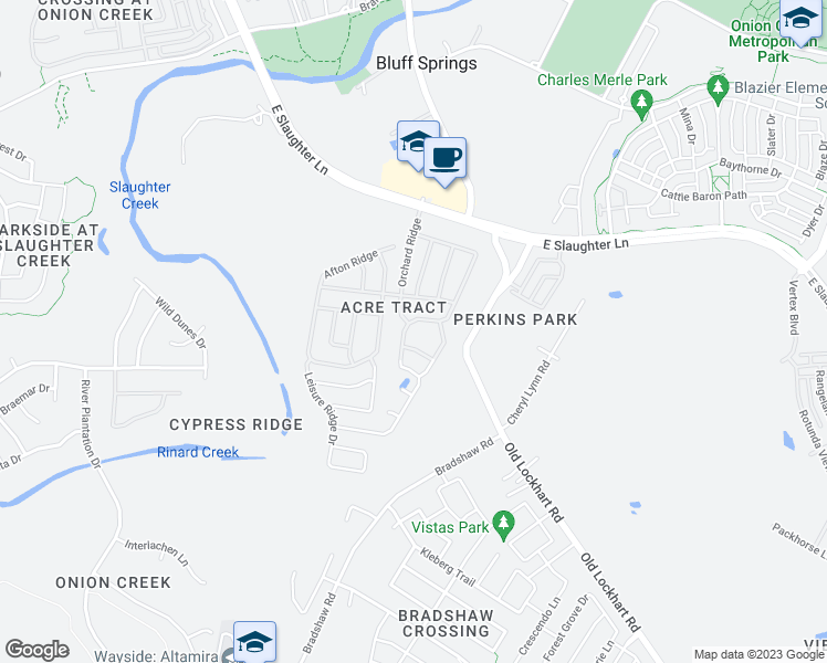 map of restaurants, bars, coffee shops, grocery stores, and more near 1601 East Slaughter Lane in Austin