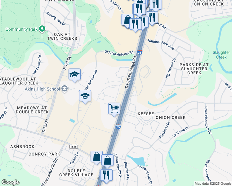 map of restaurants, bars, coffee shops, grocery stores, and more near 10500 South Interstate 35 Frontage Road in Austin