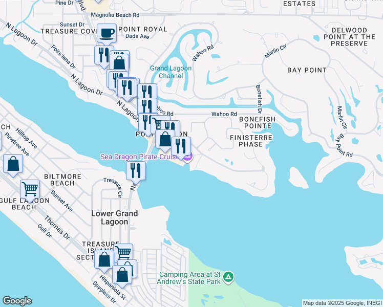 map of restaurants, bars, coffee shops, grocery stores, and more near 5325 North Lagoon Drive in Panama City