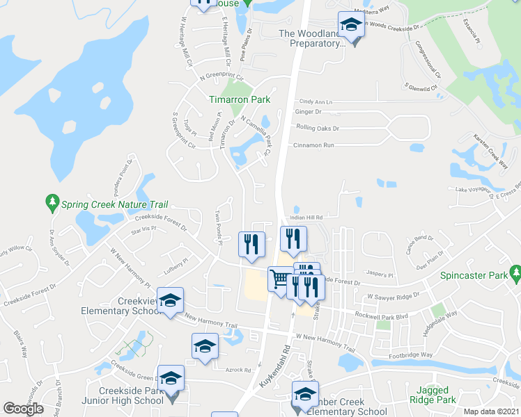 map of restaurants, bars, coffee shops, grocery stores, and more near 11 Handbridge Place in Tomball