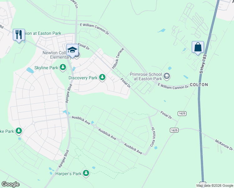map of restaurants, bars, coffee shops, grocery stores, and more near 8479-8751 Colton-Bluff Springs Road in Austin