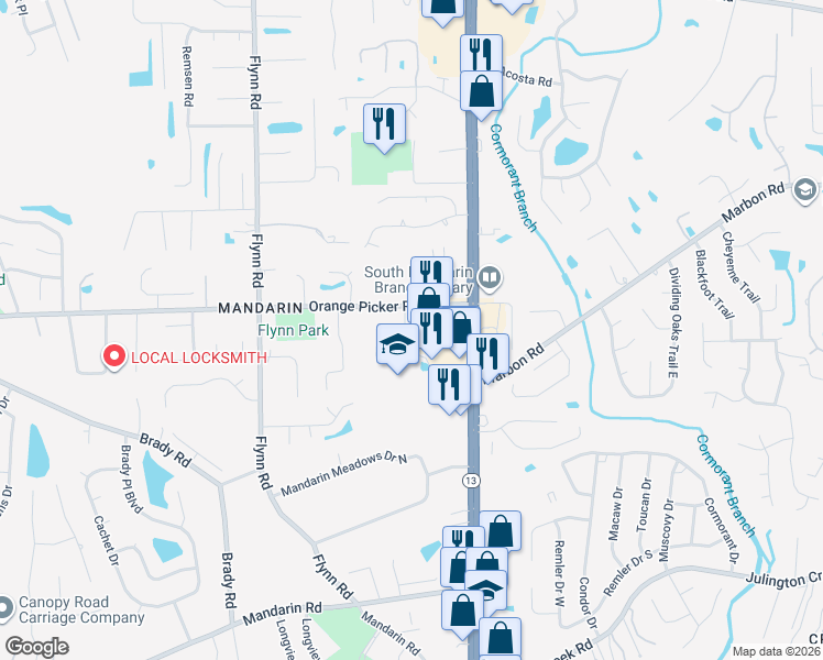 map of restaurants, bars, coffee shops, grocery stores, and more near 12200 San Jose Boulevard in Jacksonville