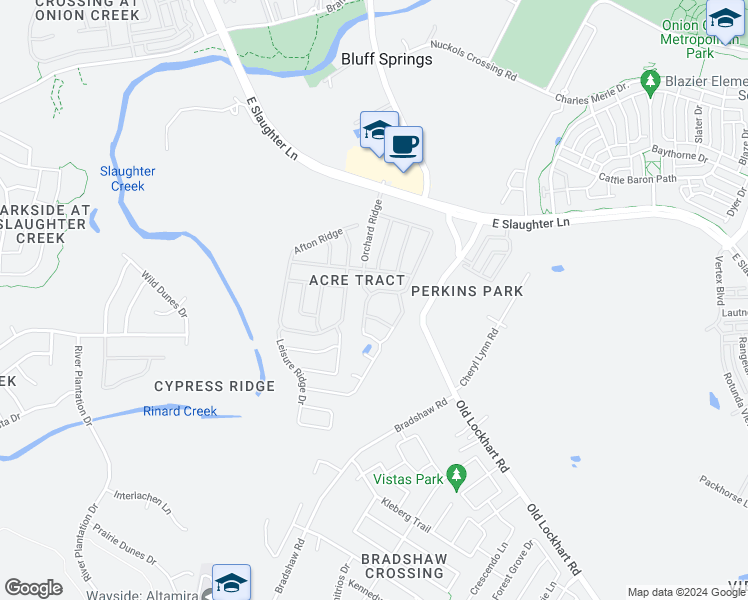 map of restaurants, bars, coffee shops, grocery stores, and more near 1601 East Slaughter Lane in Austin