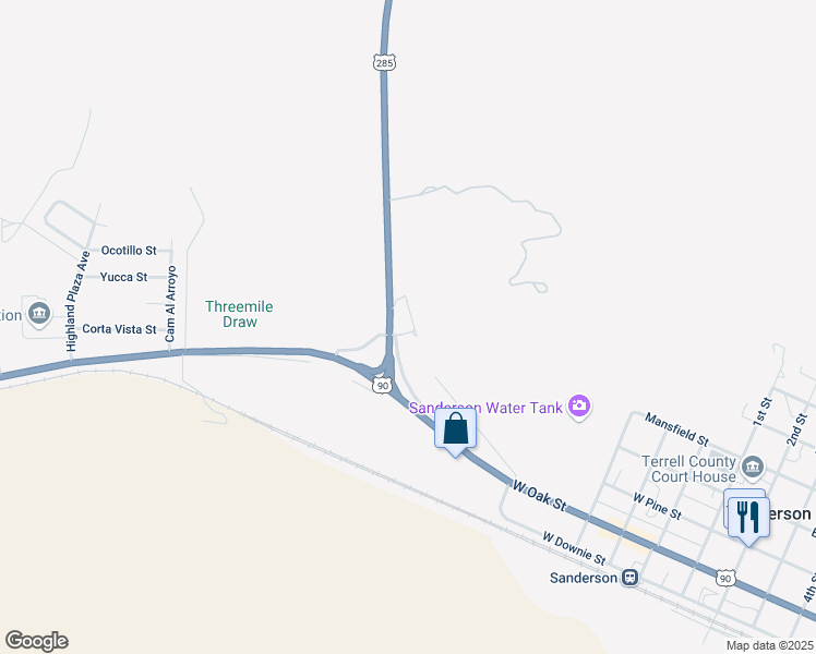 map of restaurants, bars, coffee shops, grocery stores, and more near 24 US Highway 285 in Sanderson