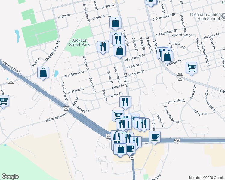 map of restaurants, bars, coffee shops, grocery stores, and more near 602 Spinn Street in Brenham