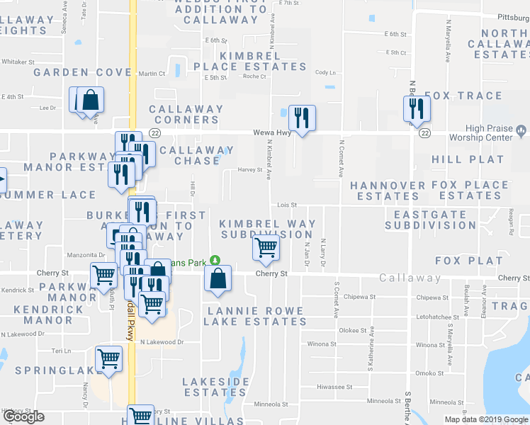 map of restaurants, bars, coffee shops, grocery stores, and more near 179 North Kimbrel Avenue in Panama City