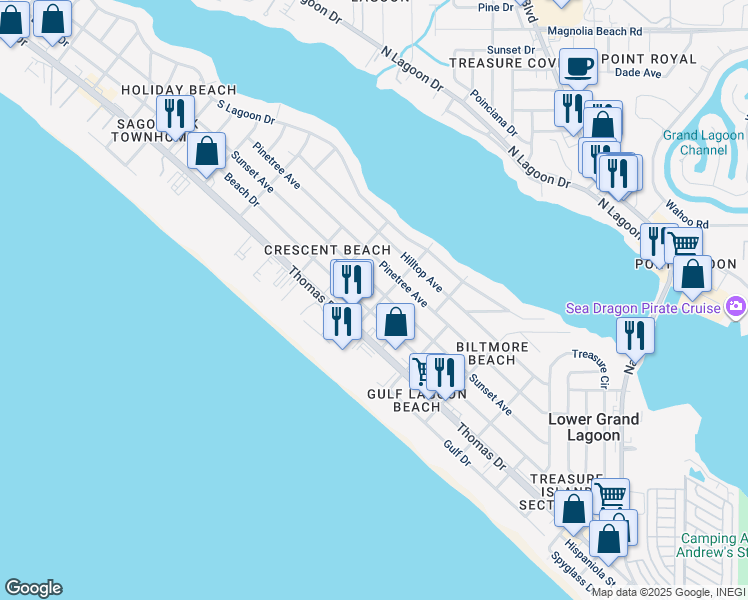 map of restaurants, bars, coffee shops, grocery stores, and more near 5813 Sunset Avenue in Panama City
