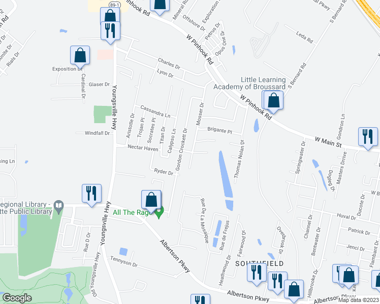 map of restaurants, bars, coffee shops, grocery stores, and more near Whipple Avenue in Lafayette