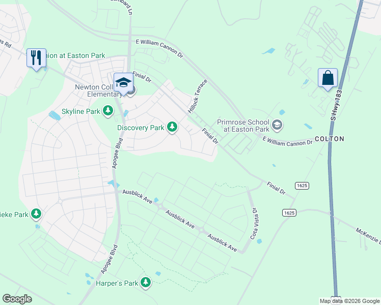 map of restaurants, bars, coffee shops, grocery stores, and more near 8425 Thompson Teal Trail in Austin