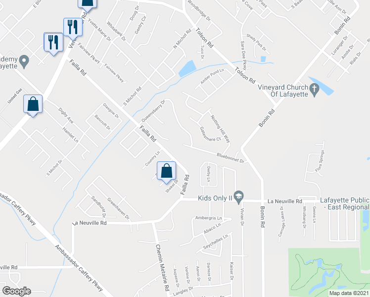 map of restaurants, bars, coffee shops, grocery stores, and more near 405 Bluebonnet Drive in Lafayette