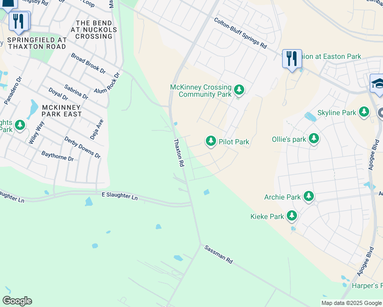 map of restaurants, bars, coffee shops, grocery stores, and more near 8321 Thaxton Road in Austin