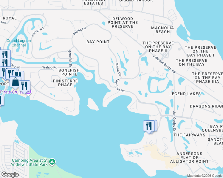map of restaurants, bars, coffee shops, grocery stores, and more near 266 Marlin Circle in Panama City