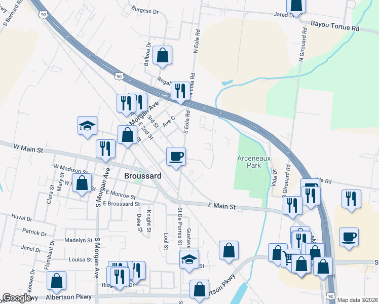 map of restaurants, bars, coffee shops, grocery stores, and more near 408 South Eola Road in Broussard