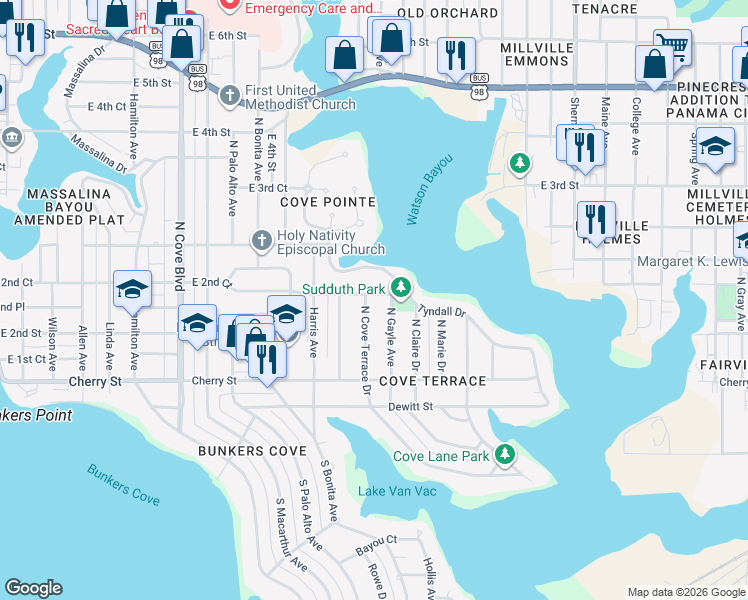 map of restaurants, bars, coffee shops, grocery stores, and more near 122 North Cove Terrace Drive in Panama City