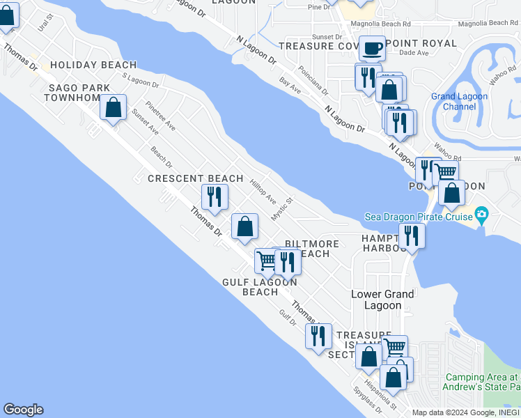map of restaurants, bars, coffee shops, grocery stores, and more near 5725 Pinetree Avenue in Panama City Beach