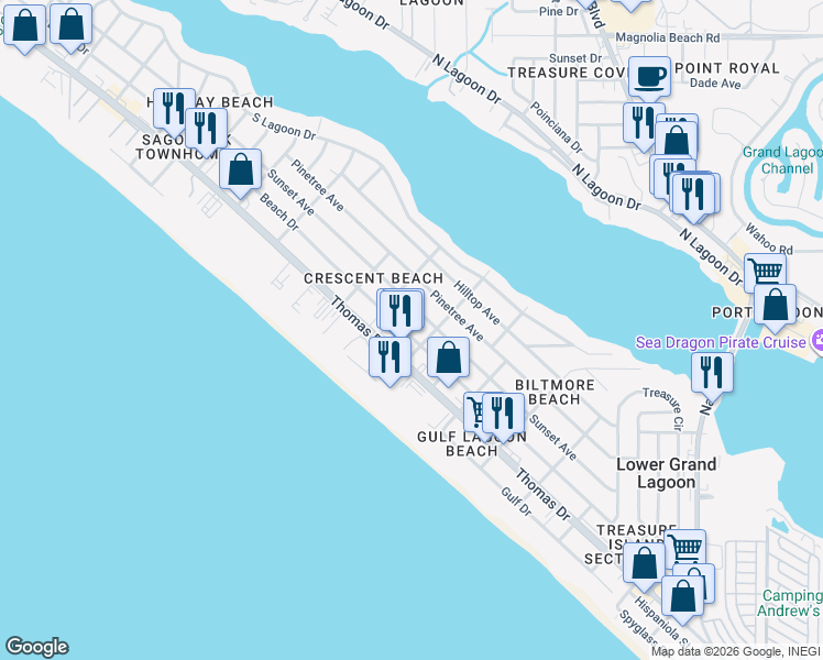 map of restaurants, bars, coffee shops, grocery stores, and more near 5905 Beach Drive in Panama City