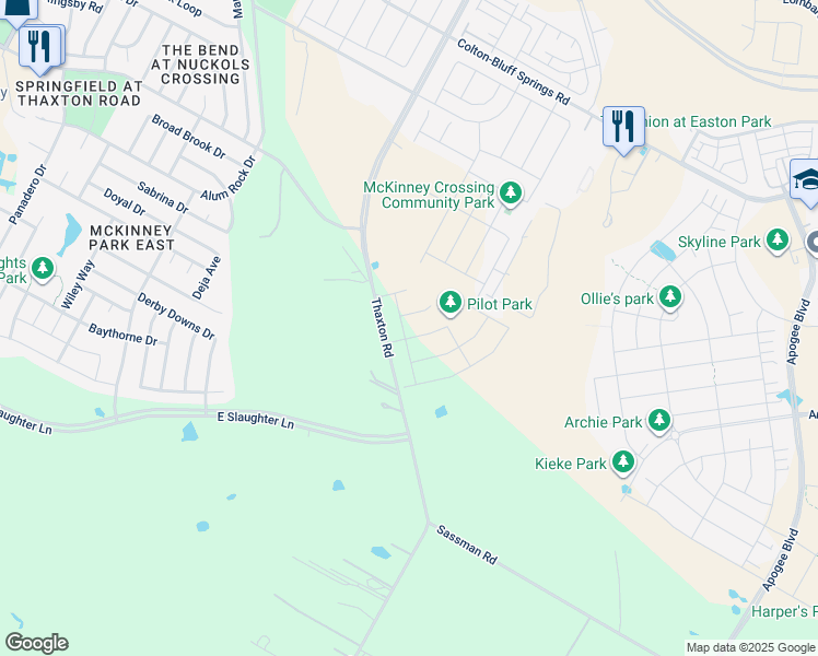 map of restaurants, bars, coffee shops, grocery stores, and more near 8321 Thaxton Road in Austin