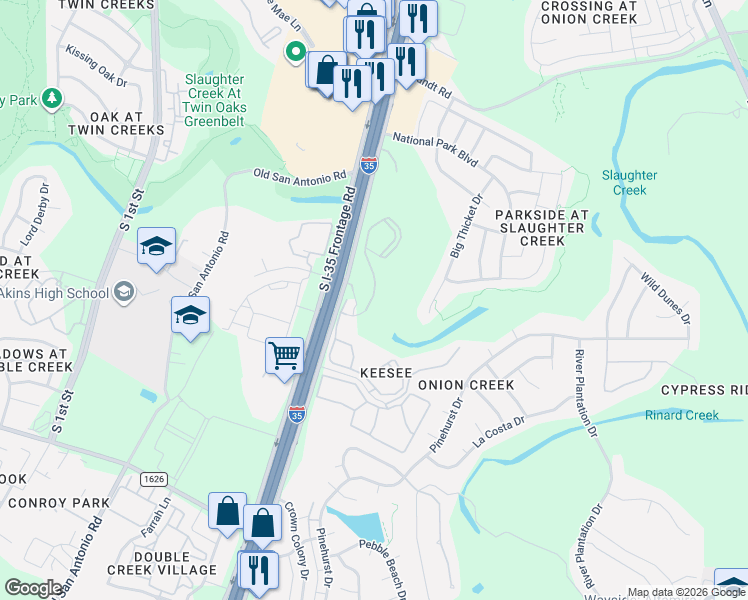 map of restaurants, bars, coffee shops, grocery stores, and more near 10505 South Interstate 35 Frontage Road in Austin