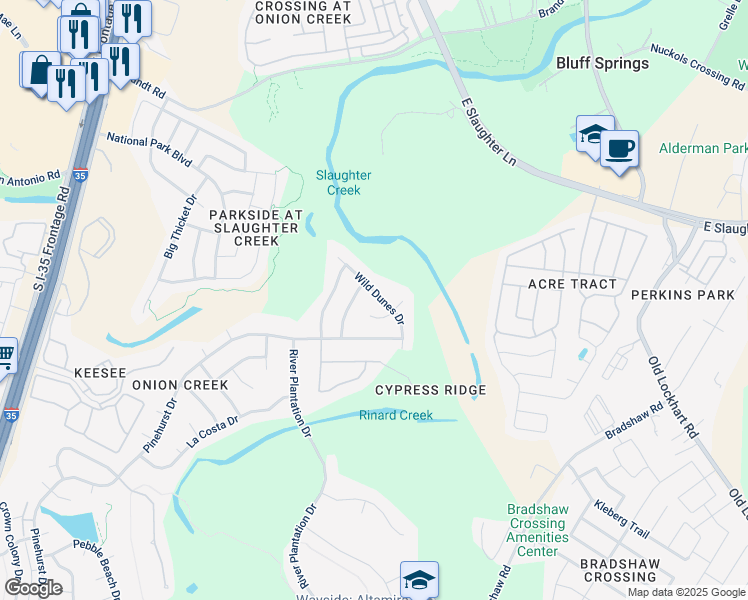 map of restaurants, bars, coffee shops, grocery stores, and more near 10020 Wild Dunes Drive in Austin
