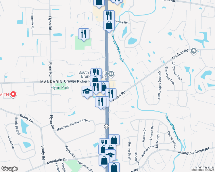 map of restaurants, bars, coffee shops, grocery stores, and more near 12173 San Jose Boulevard in Jacksonville