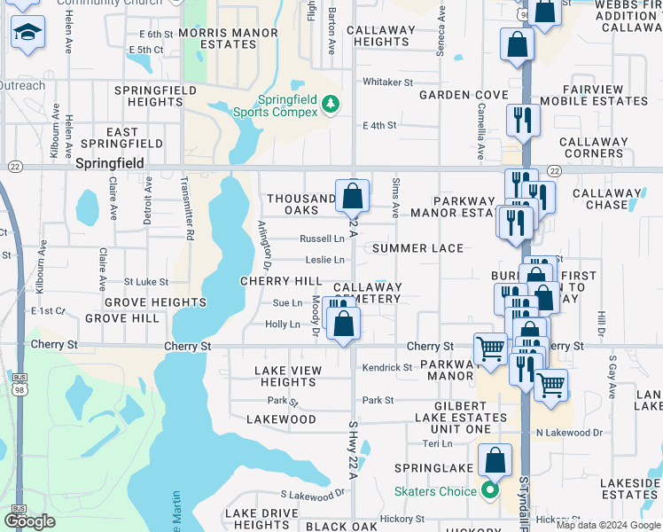 map of restaurants, bars, coffee shops, grocery stores, and more near 4120 Leslie Lane in Panama City