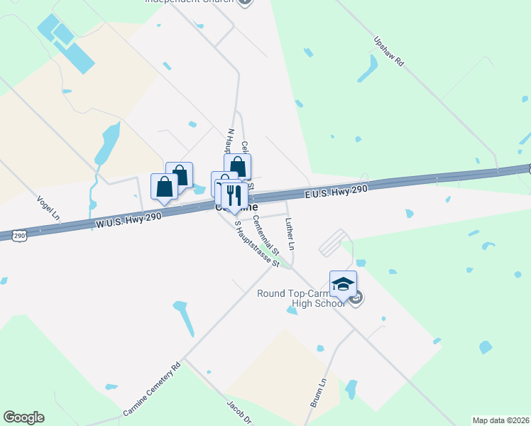 map of restaurants, bars, coffee shops, grocery stores, and more near 207 Augsburg Avenue in Carmine