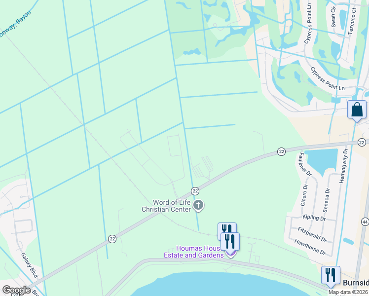 map of restaurants, bars, coffee shops, grocery stores, and more near 40066 Louisiana 22 in Gonzales