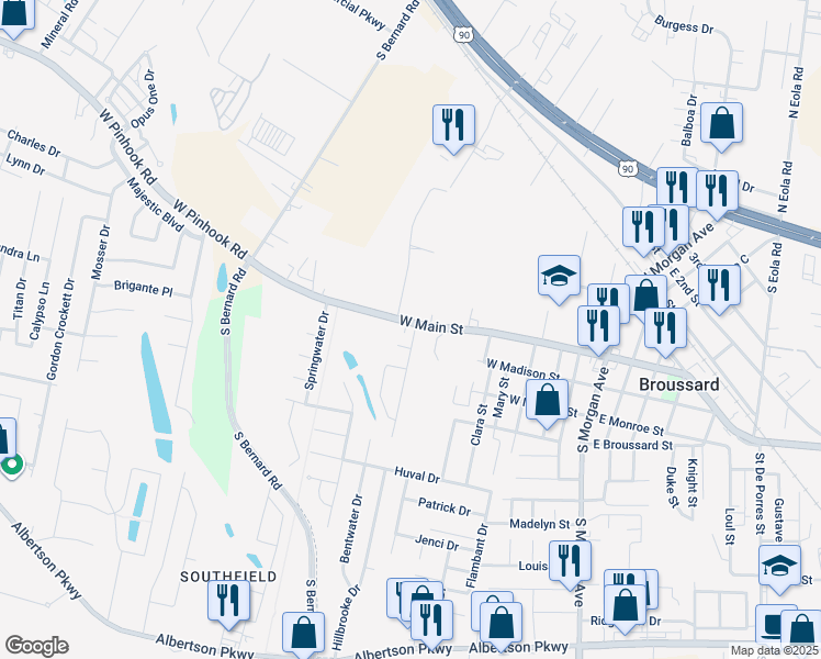 map of restaurants, bars, coffee shops, grocery stores, and more near 615 West Main Street in Broussard