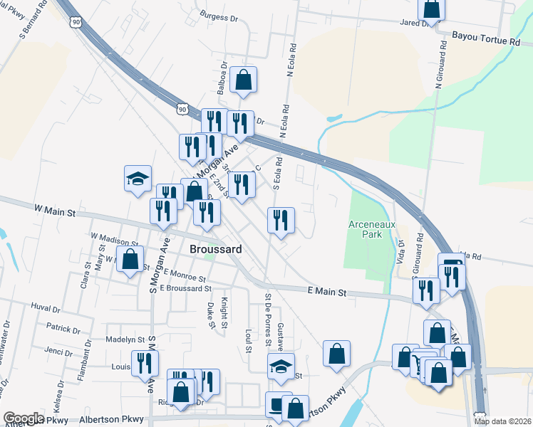 map of restaurants, bars, coffee shops, grocery stores, and more near 404 South Eola Road in Broussard